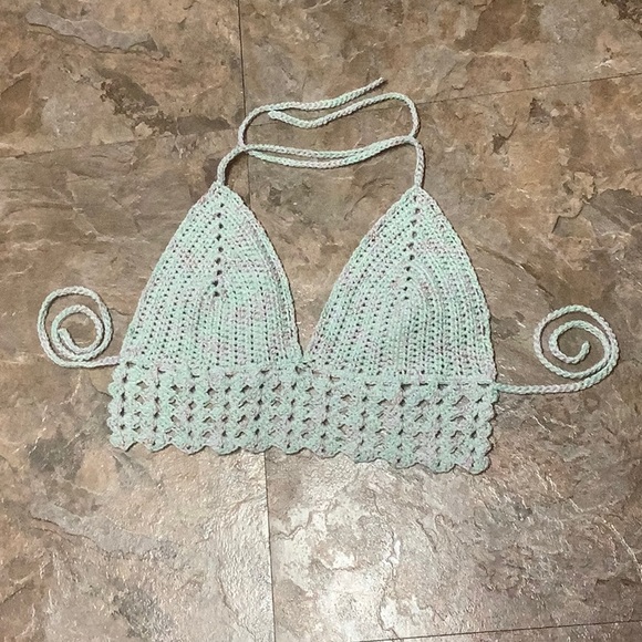 Hand Crafted Tops - Mint green boho crocheted festival top